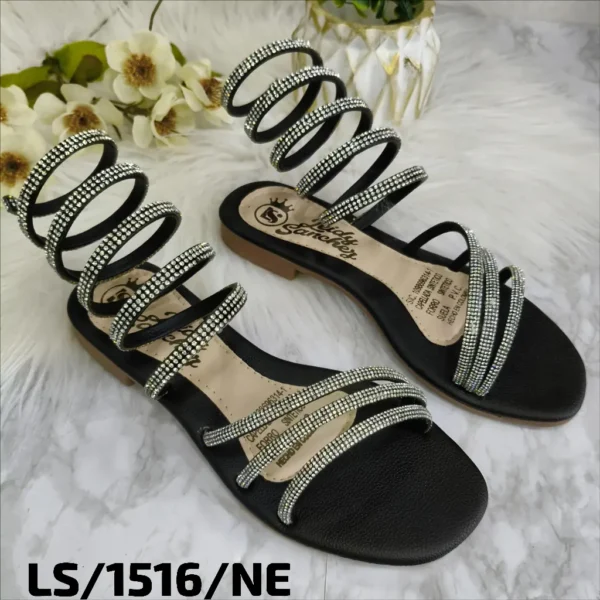 Sandalia Plana Negra con Tiras Brillantes