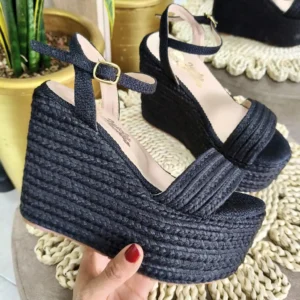 LS-14-25-NE Sandalia Negra de Plataforma Alta Forrada en Yute