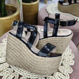 LS-15-25 Sandalia Negra de Plataforma Alta con Yute